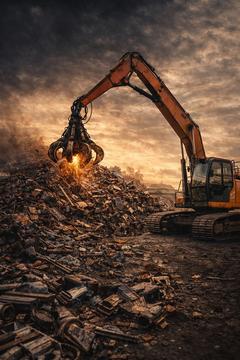 Efficient Scrap Metal Recycling with Heavy Machinery at Sunset