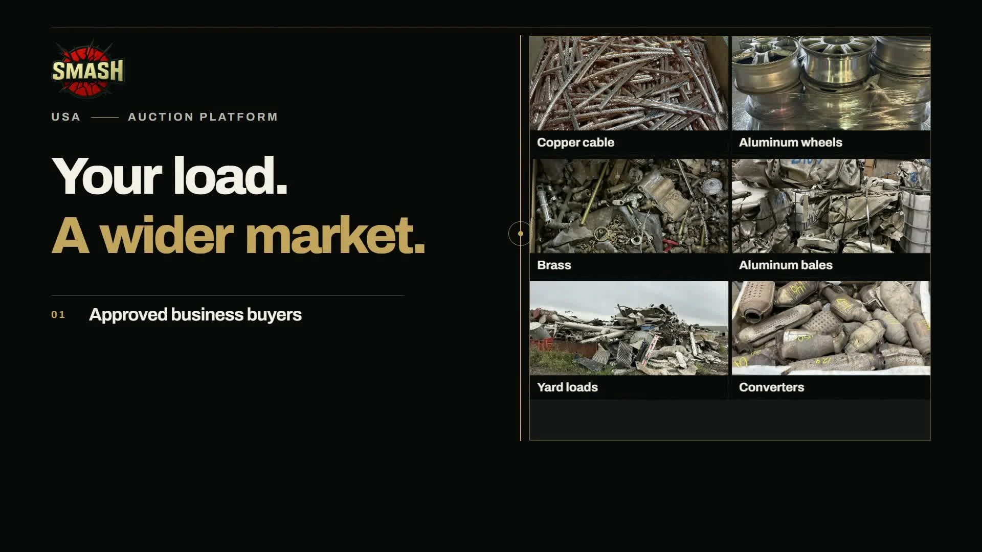 Film title card: SMASH USA Auction Platform — “Your load. A wider market.” beside copper cable, brass, aluminum, yard loads and converters.